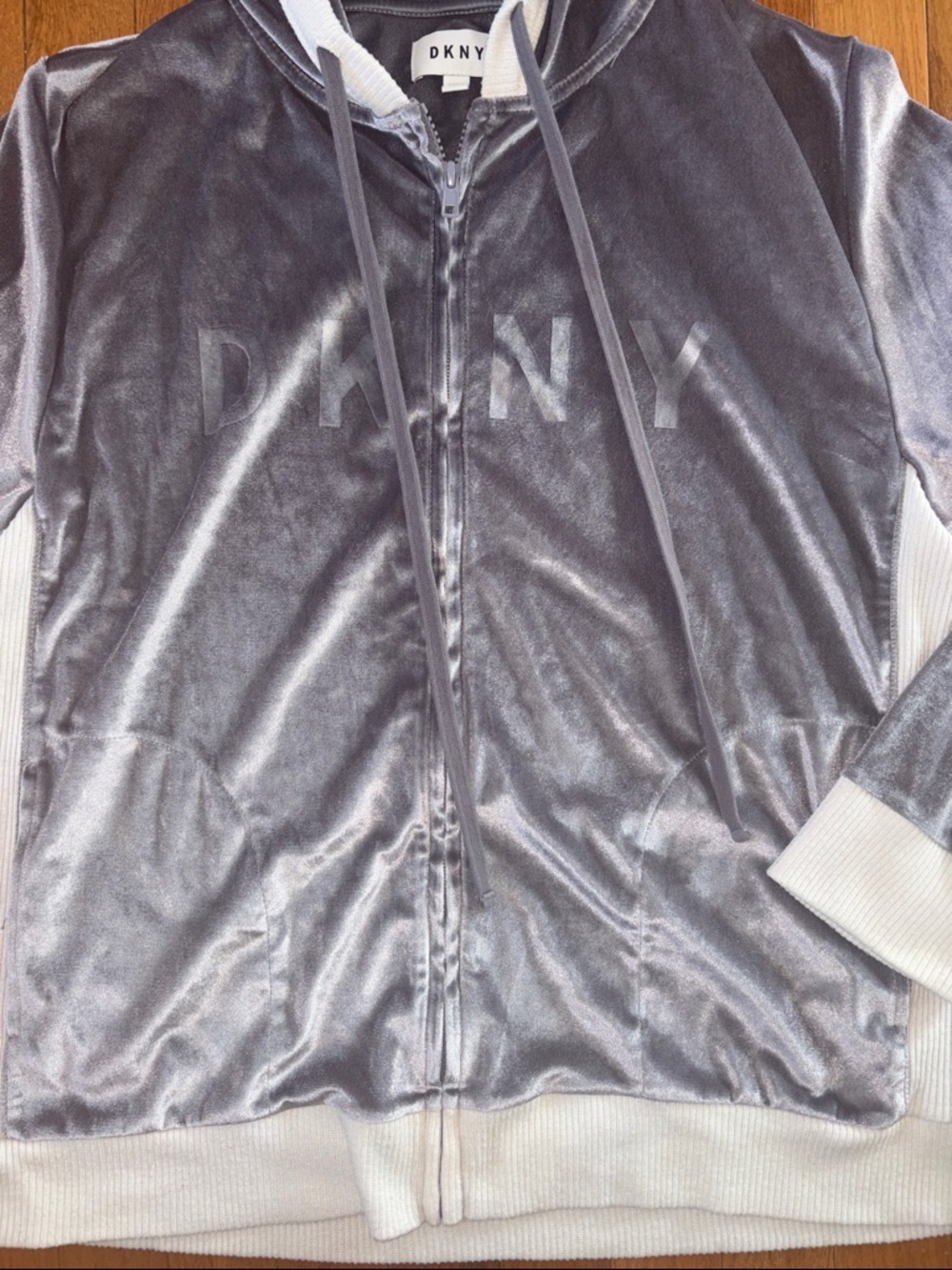 DKNY Zip Up Sweatshirt Hooded Velour Lightweight Jacket Size XL - Picture 3 of 7